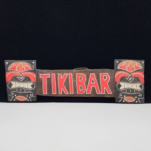 Handcrafted Wooden Tiki Bar Sign With Tribal Mask Design Kitsch Luau - Picture 1 of 8